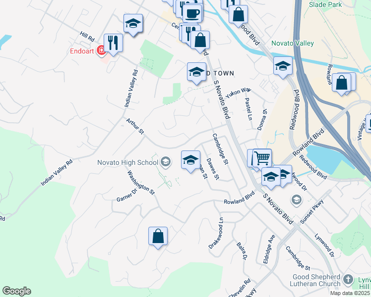map of restaurants, bars, coffee shops, grocery stores, and more near 611 Arthur Street in Novato