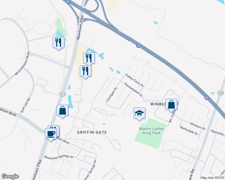 map of restaurants, bars, coffee shops, grocery stores, and more near 1740 Costigan Drive in Lexington