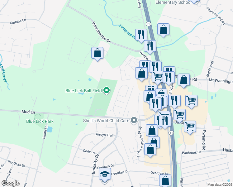 map of restaurants, bars, coffee shops, grocery stores, and more near 11056 Brookley Drive in Louisville