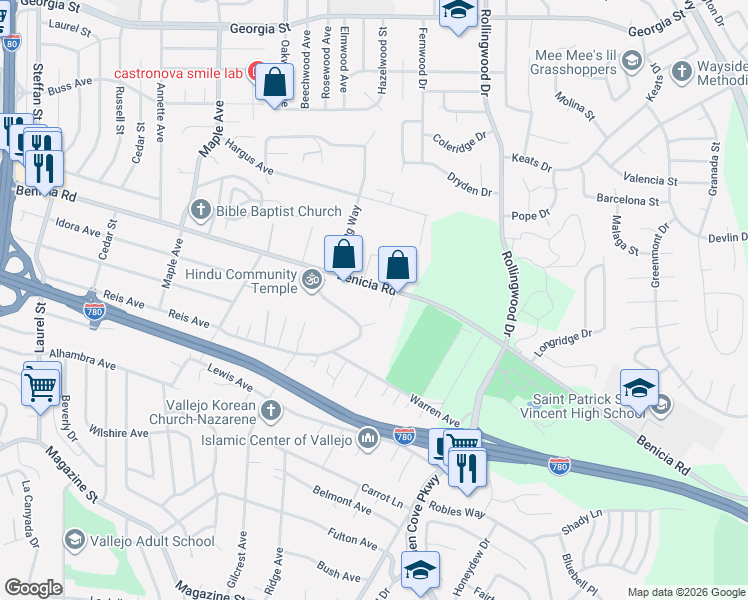 map of restaurants, bars, coffee shops, grocery stores, and more near 1161 Benicia Road in Vallejo