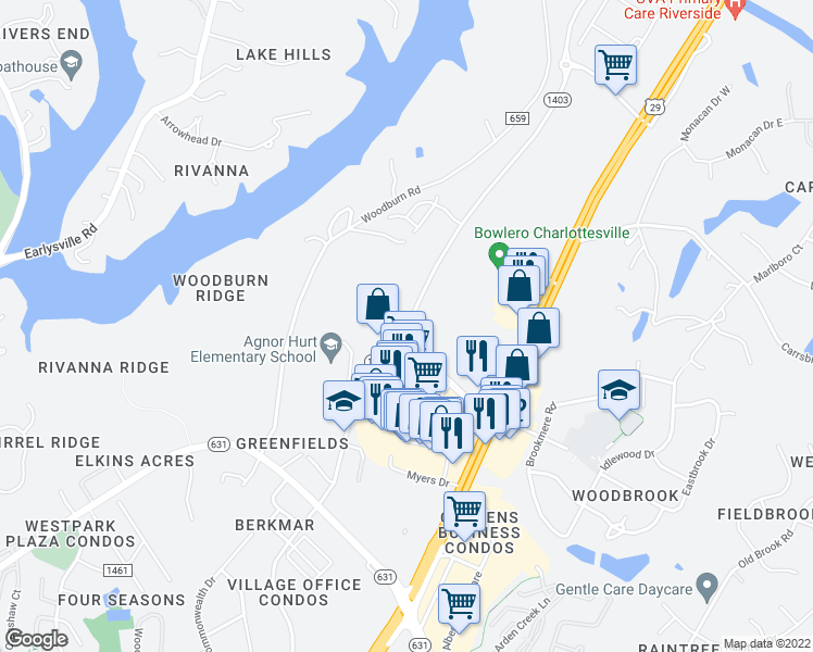 map of restaurants, bars, coffee shops, grocery stores, and more near Berkmar Drive in Charlottesville