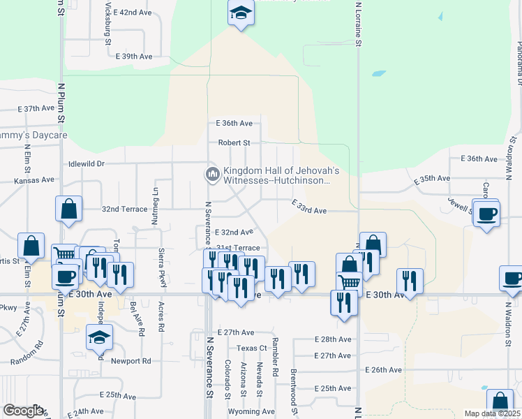 map of restaurants, bars, coffee shops, grocery stores, and more near 3200 Garden Grove Parkway in Hutchinson