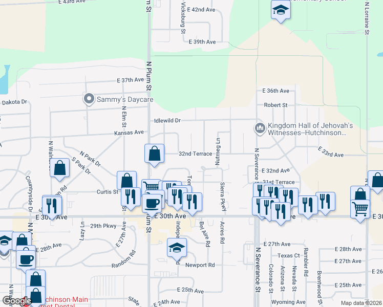 map of restaurants, bars, coffee shops, grocery stores, and more near 3300 Clove Circle in Hutchinson