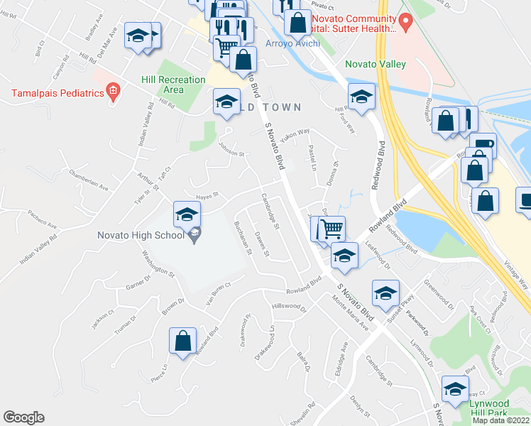 map of restaurants, bars, coffee shops, grocery stores, and more near 1437 Cambridge Street in Novato