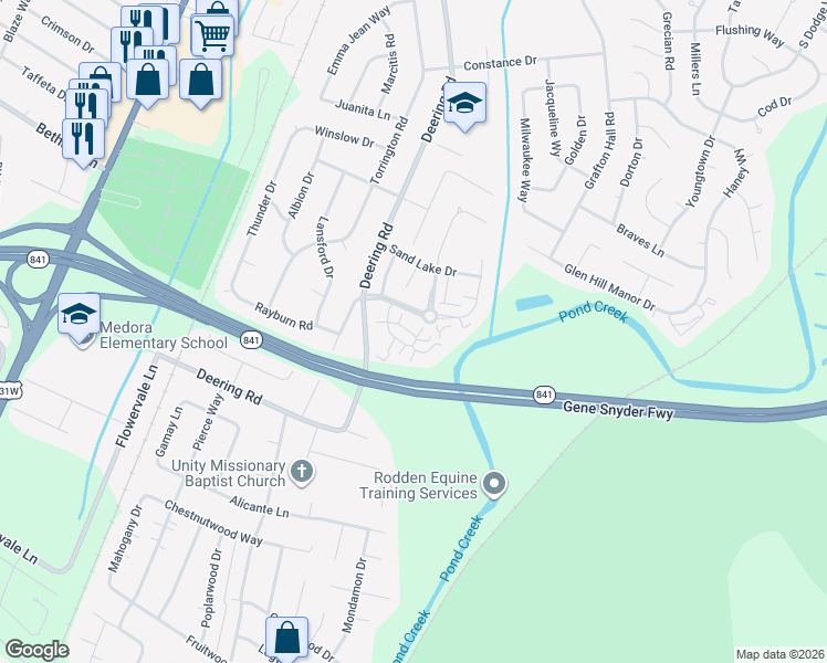 map of restaurants, bars, coffee shops, grocery stores, and more near 11401 Ridge Lake Drive in Louisville