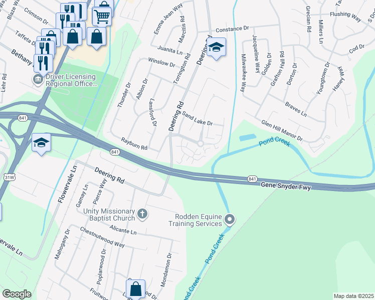 map of restaurants, bars, coffee shops, grocery stores, and more near 11302 Ridge Lake Drive in Louisville