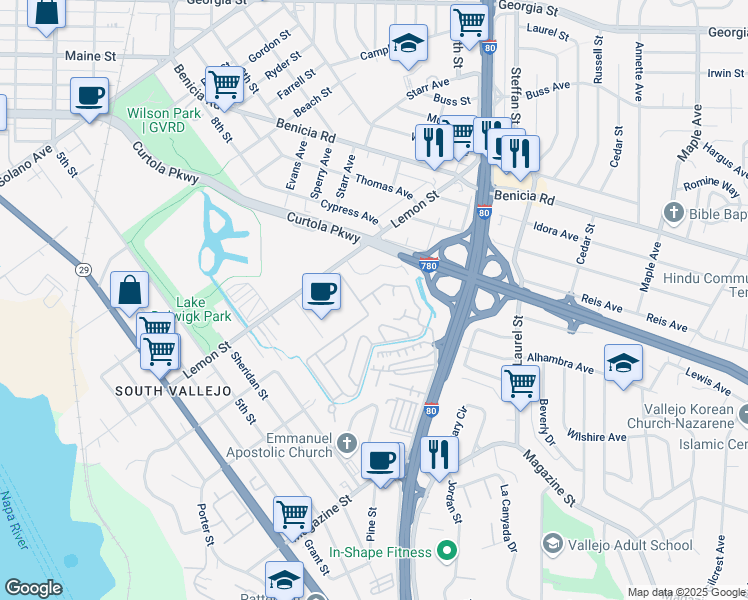map of restaurants, bars, coffee shops, grocery stores, and more near 15 Menosse Court in Vallejo