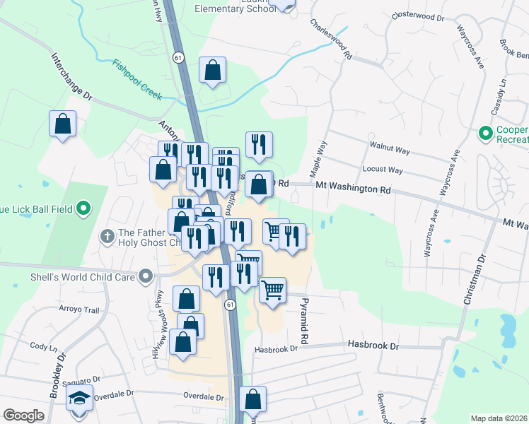 map of restaurants, bars, coffee shops, grocery stores, and more near 11809 Standiford Plaza Drive in Louisville