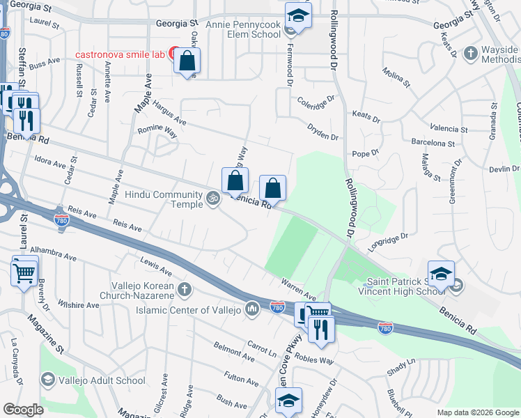 map of restaurants, bars, coffee shops, grocery stores, and more near 1161 Benicia Road in Vallejo