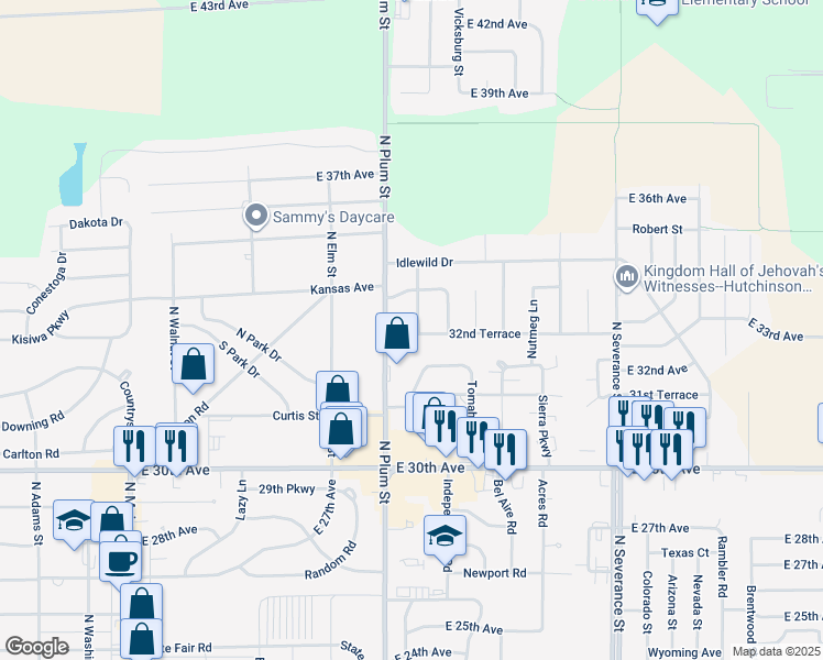 map of restaurants, bars, coffee shops, grocery stores, and more near 504-598 32nd Terrace in Hutchinson