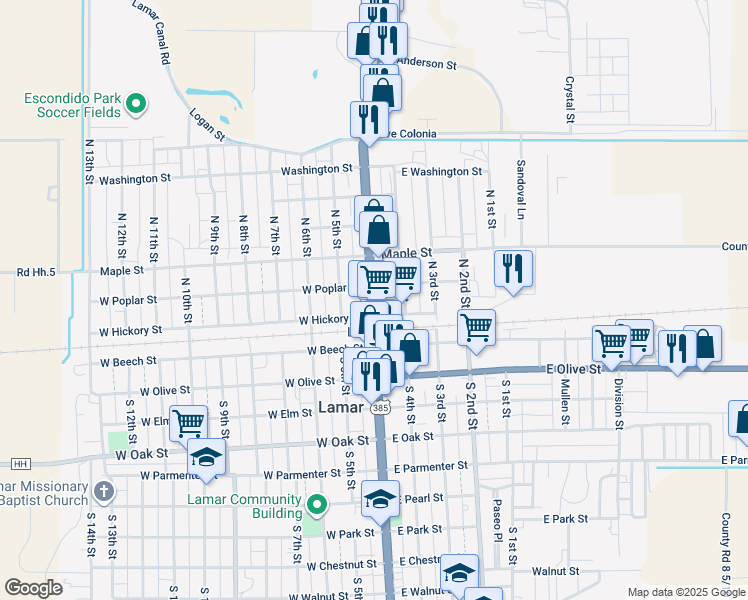 map of restaurants, bars, coffee shops, grocery stores, and more near 122 North Main Street in Lamar