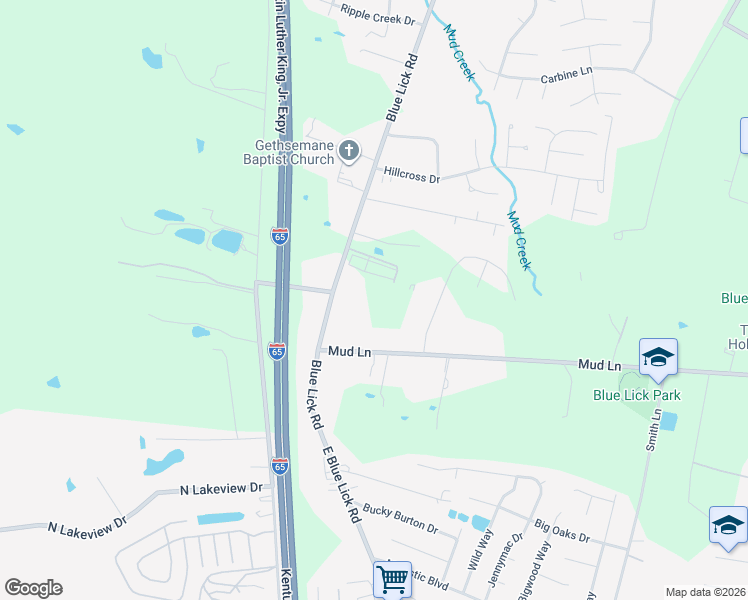 map of restaurants, bars, coffee shops, grocery stores, and more near 10709 Blue Lick Road in Louisville