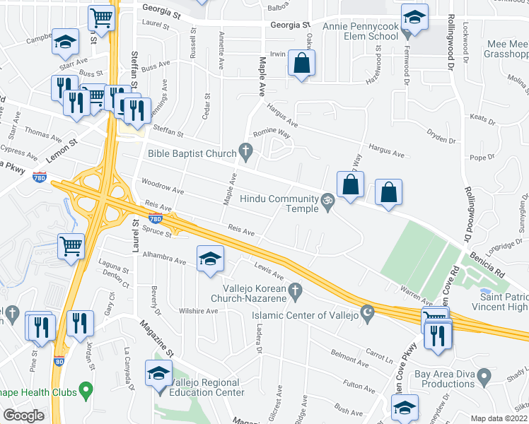 map of restaurants, bars, coffee shops, grocery stores, and more near 484 Woodrow Avenue in Vallejo