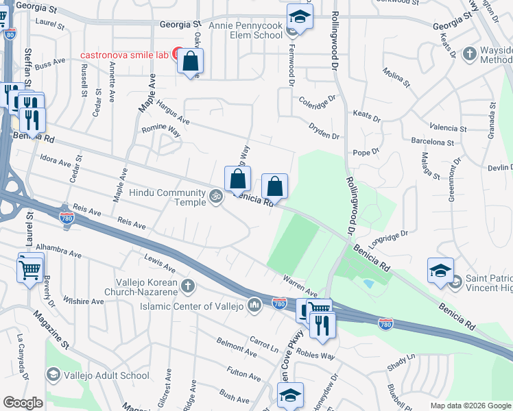 map of restaurants, bars, coffee shops, grocery stores, and more near 1161 Benicia Road in Vallejo