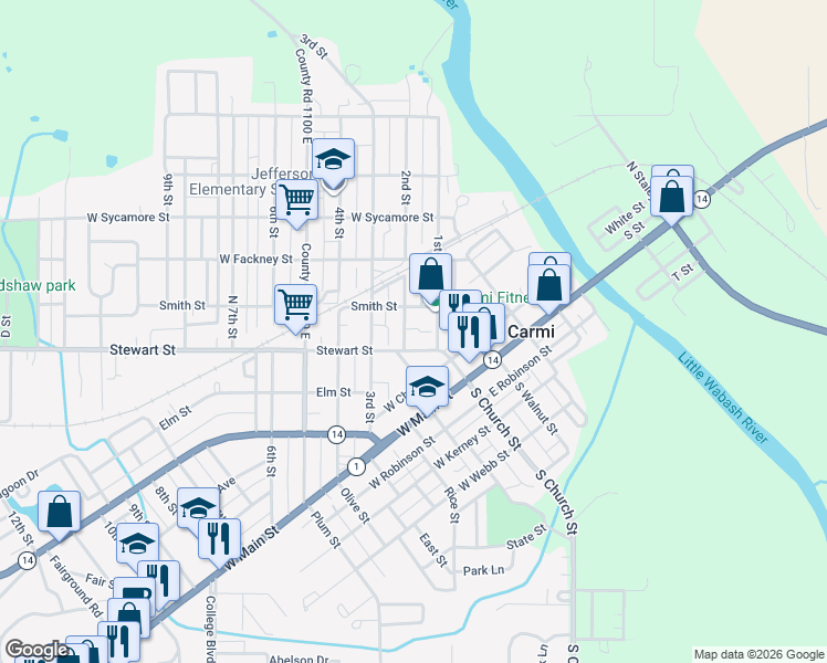 map of restaurants, bars, coffee shops, grocery stores, and more near 309-399 1st St in Carmi