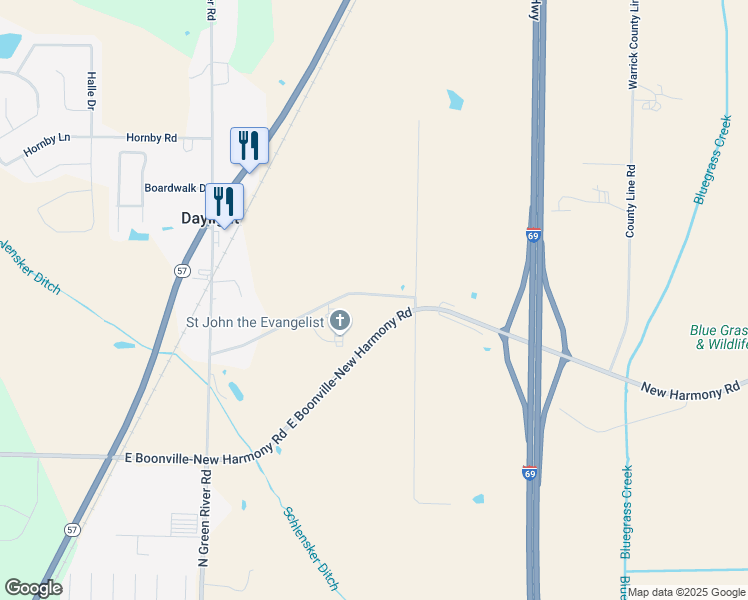 map of restaurants, bars, coffee shops, grocery stores, and more near 5546-5550 Daylight Drive in Evansville