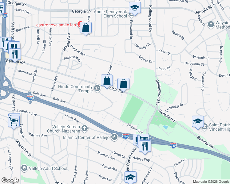 map of restaurants, bars, coffee shops, grocery stores, and more near 1161 Benicia Road in Vallejo