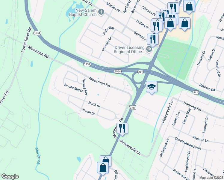 map of restaurants, bars, coffee shops, grocery stores, and more near 6310 Moorman Road in Louisville