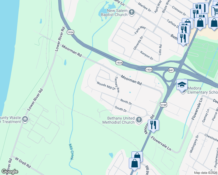 map of restaurants, bars, coffee shops, grocery stores, and more near 6611 Woods Mill Drive in Louisville