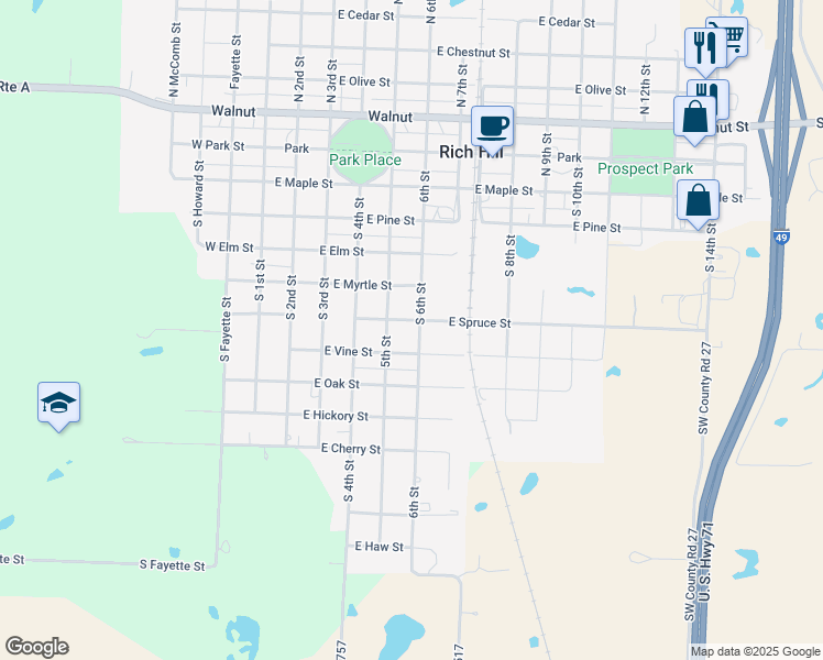 map of restaurants, bars, coffee shops, grocery stores, and more near 618 South 6th Street in Rich Hill