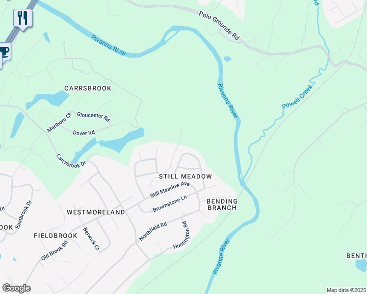 map of restaurants, bars, coffee shops, grocery stores, and more near 1900 River Inn Lane in Charlottesville
