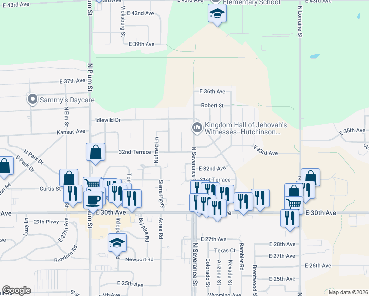 map of restaurants, bars, coffee shops, grocery stores, and more near 3310 Carnegie Place in Hutchinson