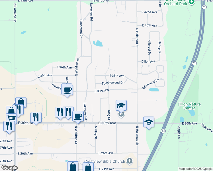 map of restaurants, bars, coffee shops, grocery stores, and more near 3303 King Street in Hutchinson