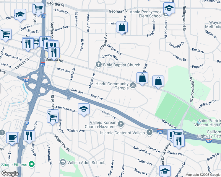map of restaurants, bars, coffee shops, grocery stores, and more near 315 Home Acres Avenue in Vallejo