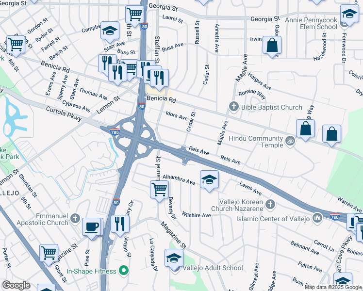 map of restaurants, bars, coffee shops, grocery stores, and more near 300 Reis Avenue in Vallejo