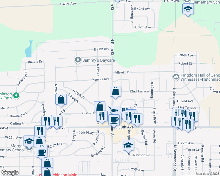 map of restaurants, bars, coffee shops, grocery stores, and more near 3303 North Plum Street in Hutchinson