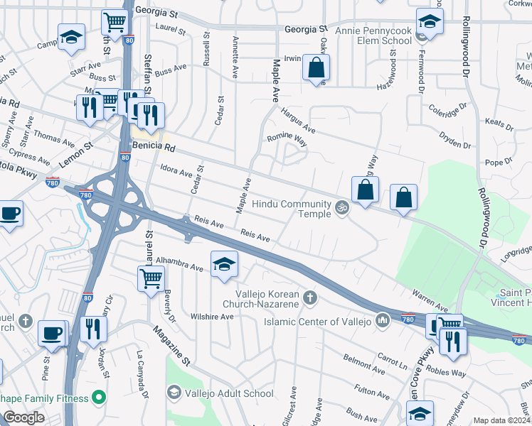 map of restaurants, bars, coffee shops, grocery stores, and more near 450 Woodrow Avenue in Vallejo