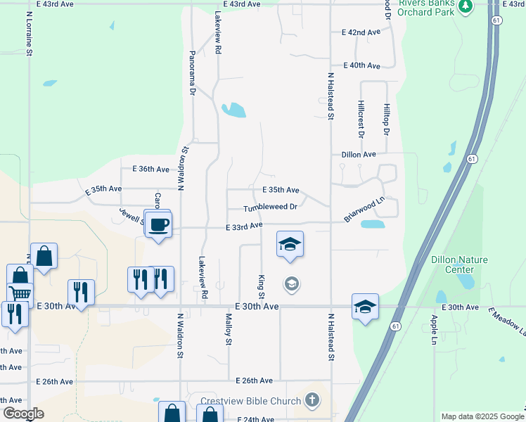 map of restaurants, bars, coffee shops, grocery stores, and more near 3303 King Street in Hutchinson