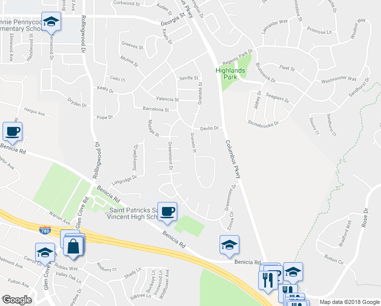 map of restaurants, bars, coffee shops, grocery stores, and more near 1323 Granada Street in Vallejo