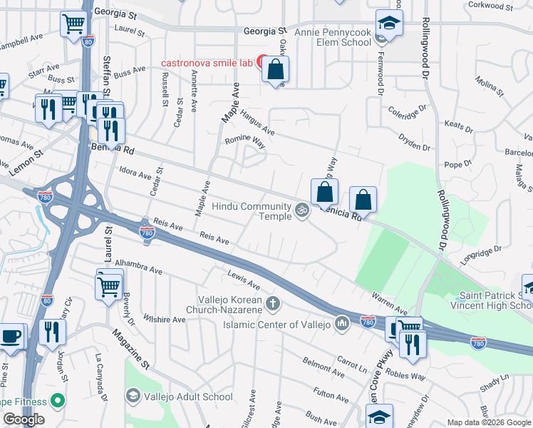 map of restaurants, bars, coffee shops, grocery stores, and more near 332 Home Acres Avenue in Vallejo