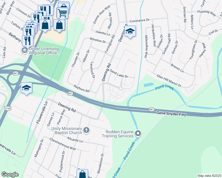 map of restaurants, bars, coffee shops, grocery stores, and more near 11302 Ridge Lake Drive in Louisville