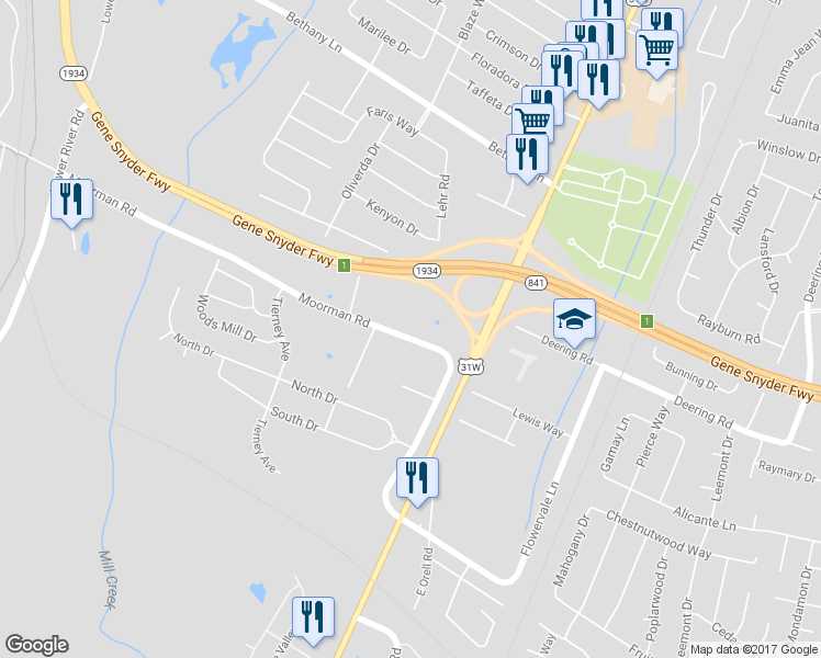 map of restaurants, bars, coffee shops, grocery stores, and more near 6303 Moorman Road in Louisville