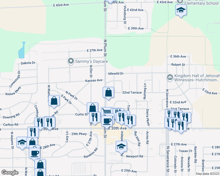 map of restaurants, bars, coffee shops, grocery stores, and more near 504 32nd Terrace in Hutchinson