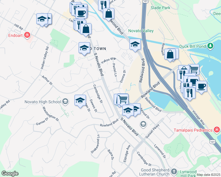 map of restaurants, bars, coffee shops, grocery stores, and more near 282 Adele Street in Novato