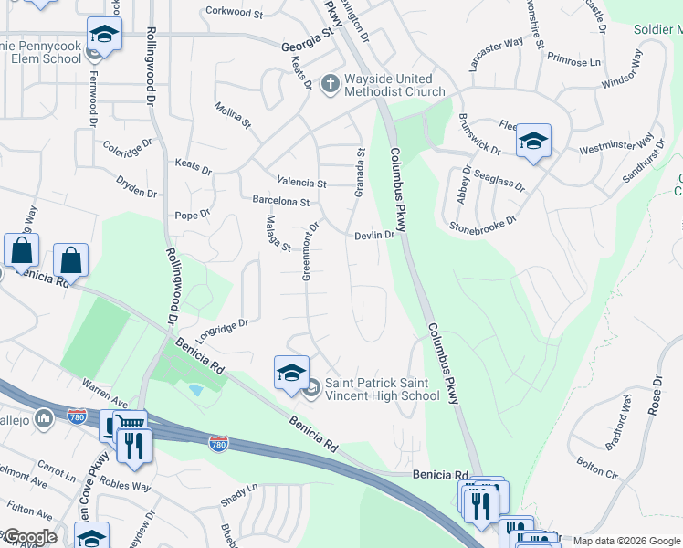 map of restaurants, bars, coffee shops, grocery stores, and more near 1323 Granada Street in Vallejo
