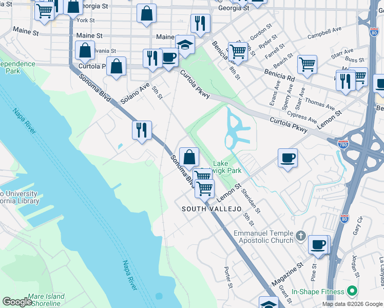 map of restaurants, bars, coffee shops, grocery stores, and more near 339 Grant Street in Vallejo