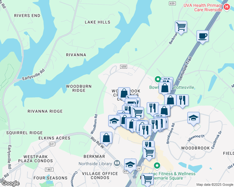 map of restaurants, bars, coffee shops, grocery stores, and more near 635 Woodbrook Drive in Charlottesville