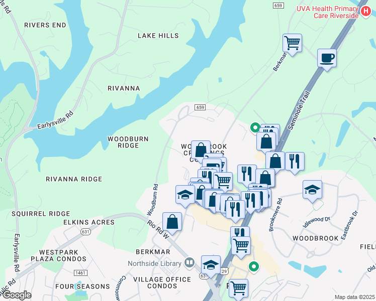 map of restaurants, bars, coffee shops, grocery stores, and more near 635 Woodbrook Drive in Charlottesville