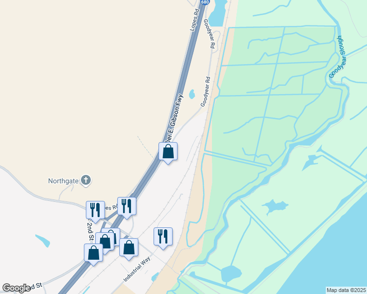 map of restaurants, bars, coffee shops, grocery stores, and more near 6800 Goodyear Road in Benicia