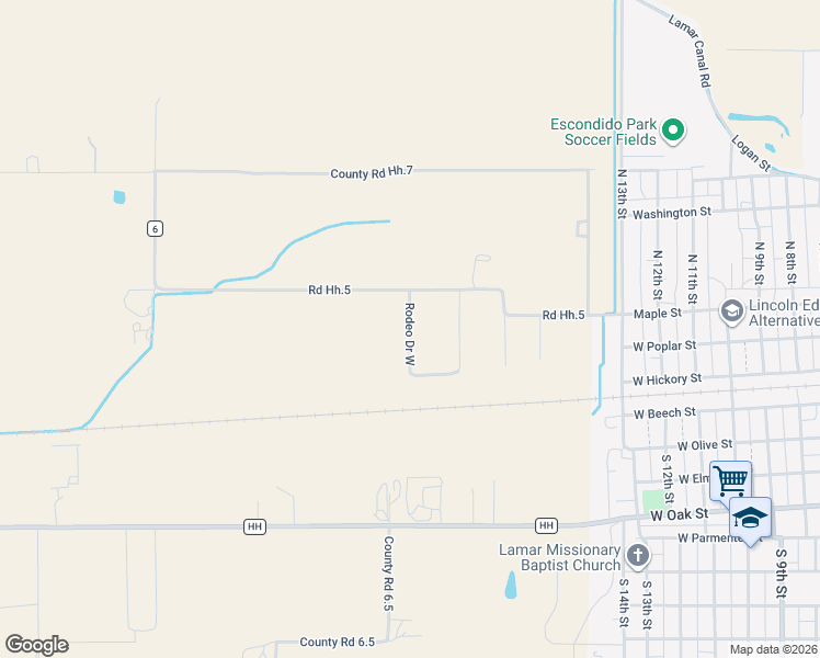 map of restaurants, bars, coffee shops, grocery stores, and more near Rodeo Dr W in Lamar