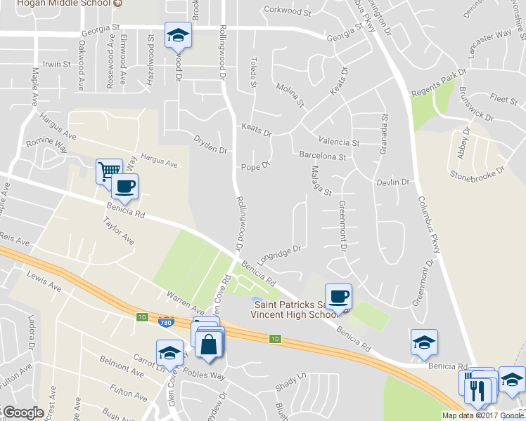 map of restaurants, bars, coffee shops, grocery stores, and more near 200 Rollingwood Drive in Vallejo
