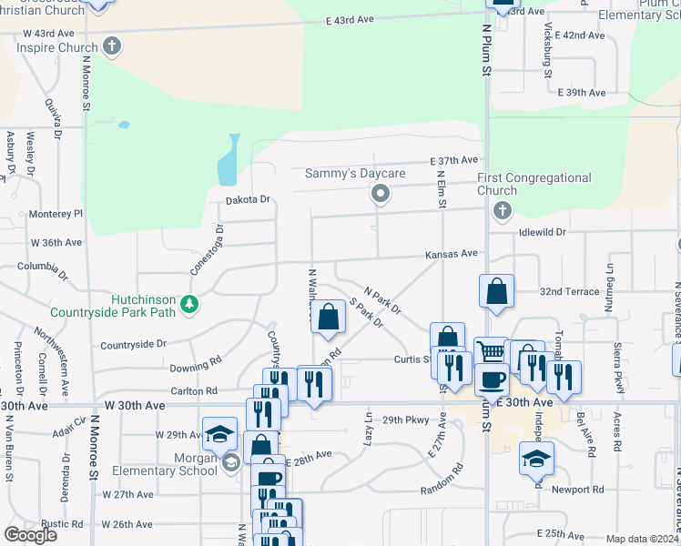 map of restaurants, bars, coffee shops, grocery stores, and more near 200 North Park Drive in Hutchinson