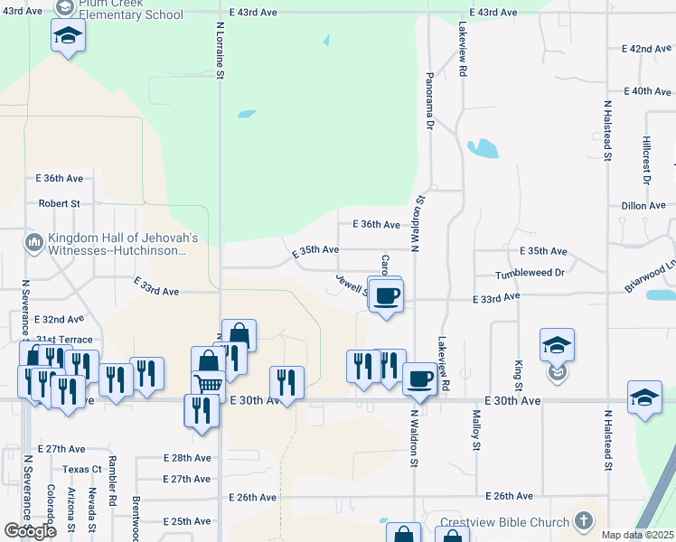 map of restaurants, bars, coffee shops, grocery stores, and more near in Hutchinson
