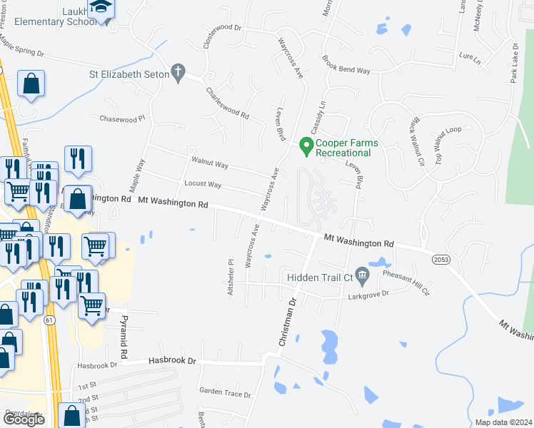 map of restaurants, bars, coffee shops, grocery stores, and more near 10721 Waycross Avenue in Louisville