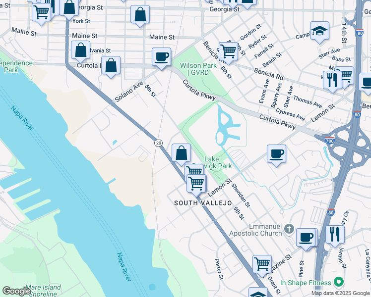 map of restaurants, bars, coffee shops, grocery stores, and more near 339 Grant Street in Vallejo