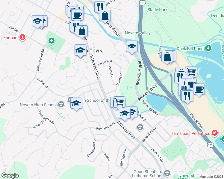 map of restaurants, bars, coffee shops, grocery stores, and more near 282 Adele Street in Novato